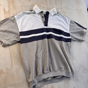 Safe Harbor Polo Shirt Mens XL Beige Navy Stripe Colorblock Short Sleeve Casual